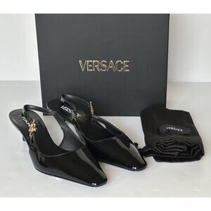 Versace Sling Back Patent Leather Shoe Black 9.5 US (39.5) 1012579 IT NIB $875